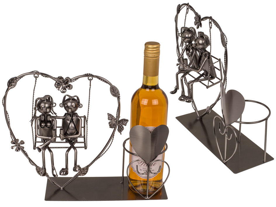 Metal Bottle Holder - Couple in Love on a Swing in a Heart, customizable with engraving