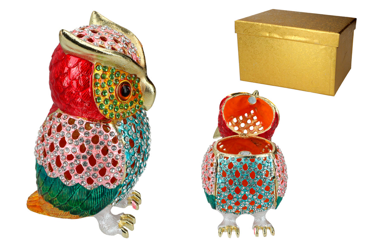 Openwork Metal Owl-Shaped Box, Customizable with Engraving, Ideal as a Gift, 15.5 cm Tall, Decorative and Functional for Storing Jewelry