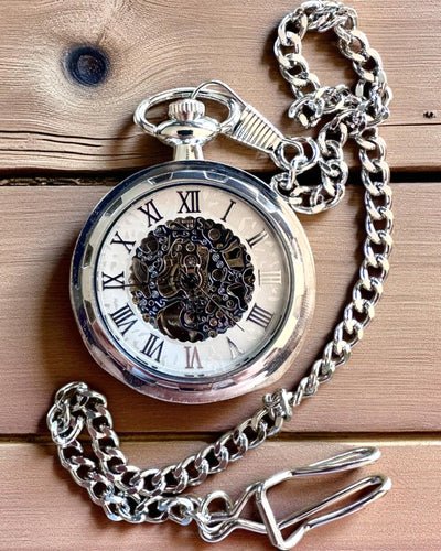 Sudraba ekskluzīvs retro stila mehāniskais kabatas pulkstenis, ūdensizturīgs - elegance jebkuram gadījumam, ar gravējumu