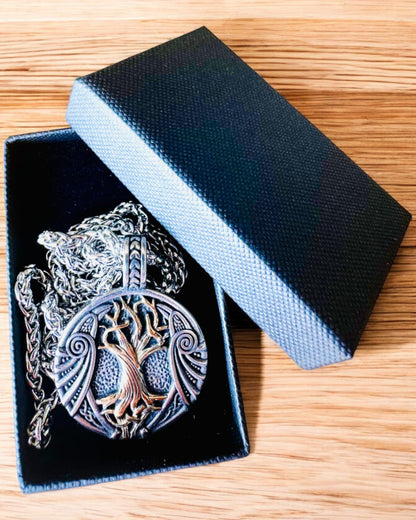 Stainless Steel "Tree of Life" Necklace with Personalization, featuring the Aegishjalmur Symbol (Helm of Awe)