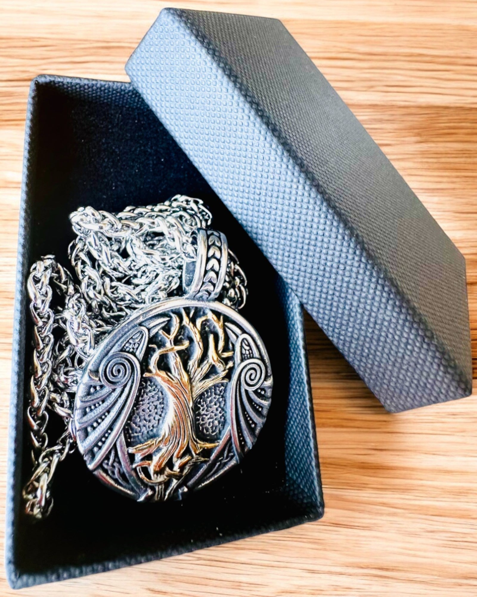 Stainless Steel "Tree of Life" Necklace with Personalization, featuring the Aegishjalmur Symbol (Helm of Awe)