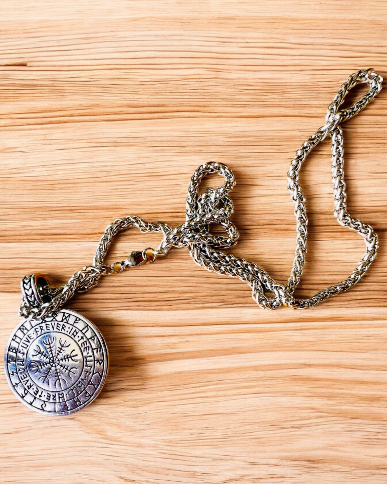Stainless Steel "Tree of Life" Necklace with Personalization, featuring the Aegishjalmur Symbol (Helm of Awe)