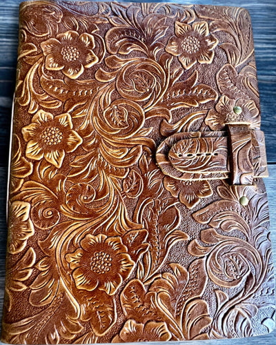 Leather Vintage Notebook "Floralis" – hand-embossed, 400 pages, engraving option, 2 variants