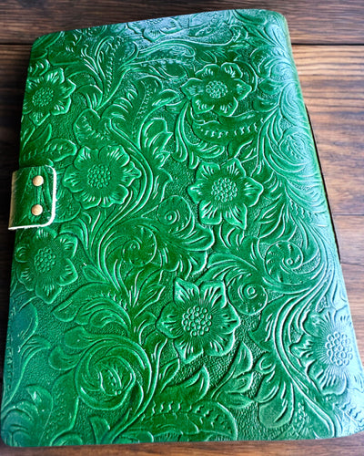 Leather Vintage Notebook "Floralis" – hand-embossed, 400 pages, engraving option, 2 variants