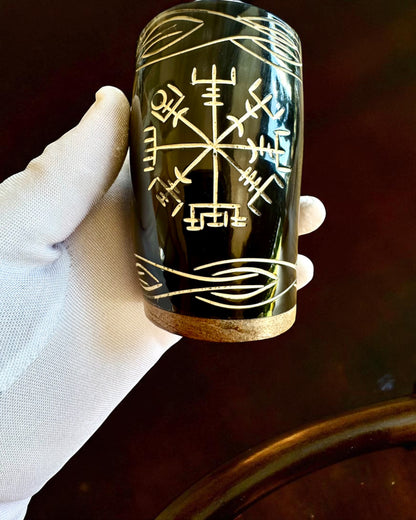Valknut Handcrafted small buffalo horn cup with Nordic symbols, customizable as a gift with engraving