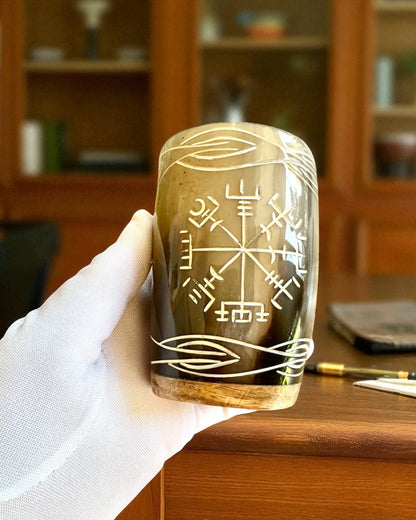 Valknut Handcrafted small buffalo horn cup with Nordic symbols, customizable as a gift with engraving