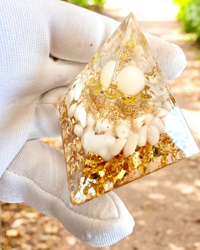Orgonite Energy Pyramid with White Stones - "Golden Harmony", perfect as a gift