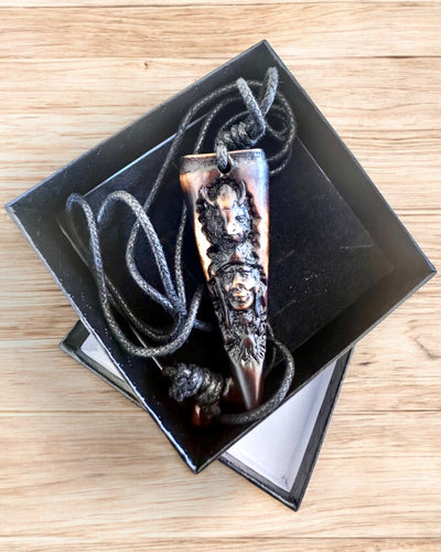 Wolf Fang necklace, resin amulet - Mystical Power of Nature, customizable with engraving for a gift