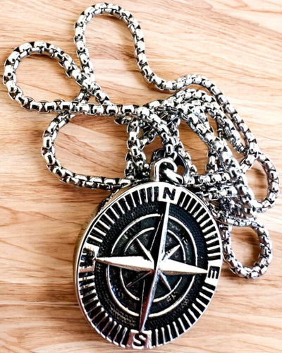 Stainless Steel Explorer's Compass Necklace, customizable with engraving for a gift