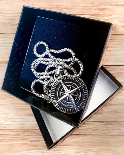 Stainless Steel Explorer's Compass Necklace, customizable with engraving for a gift