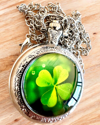 Relógio de bolso "CloverTime" com motivo de trevo de quatro folhas, possibilidade de personalização com gravação para presente