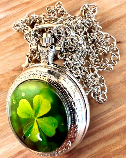 Relógio de bolso "CloverTime" com motivo de trevo de quatro folhas, possibilidade de personalização com gravação para presente