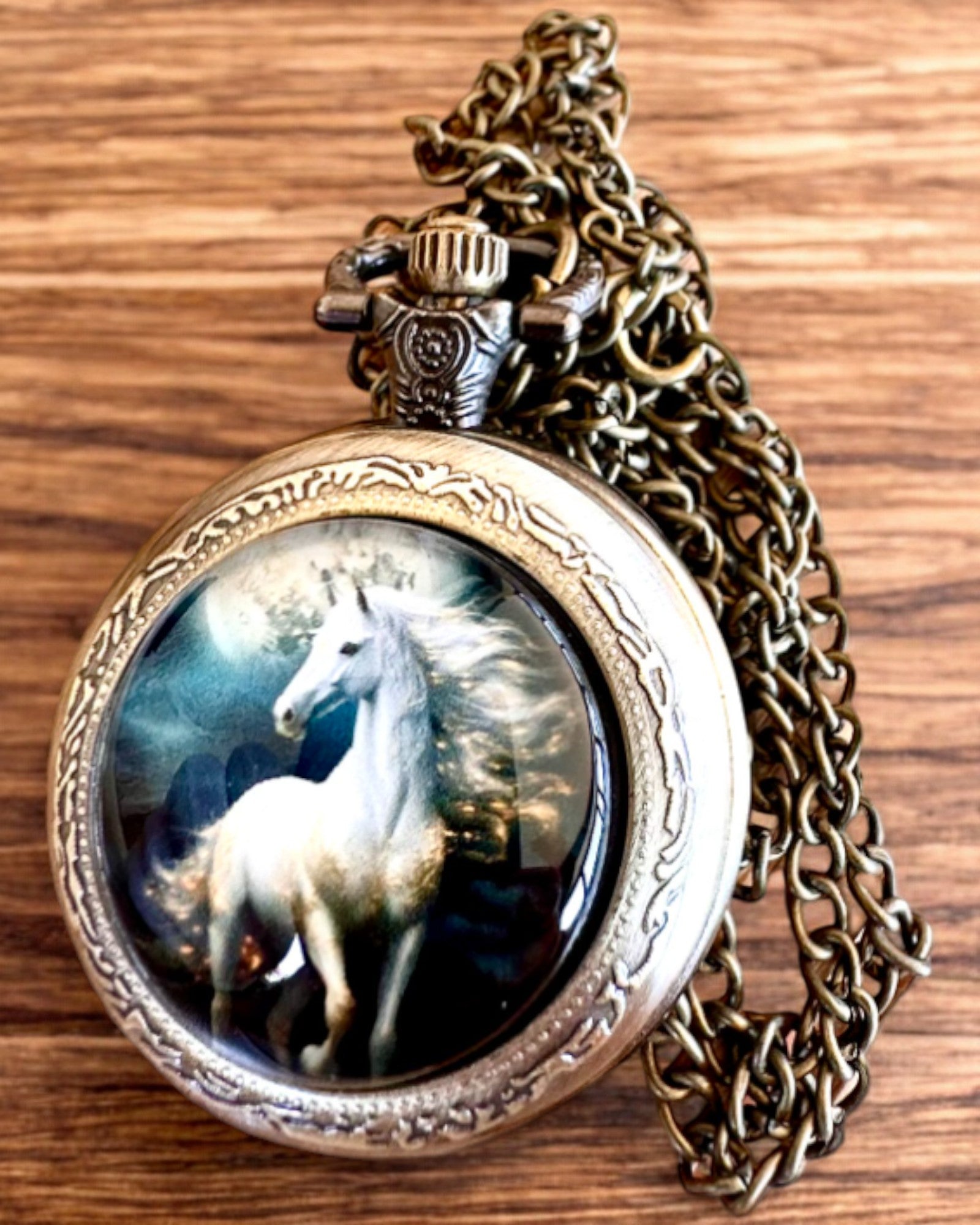 Relógio de bolso Unicorn Elegance com corrente, motivo de unicórnio, gravação personalizada gratuita