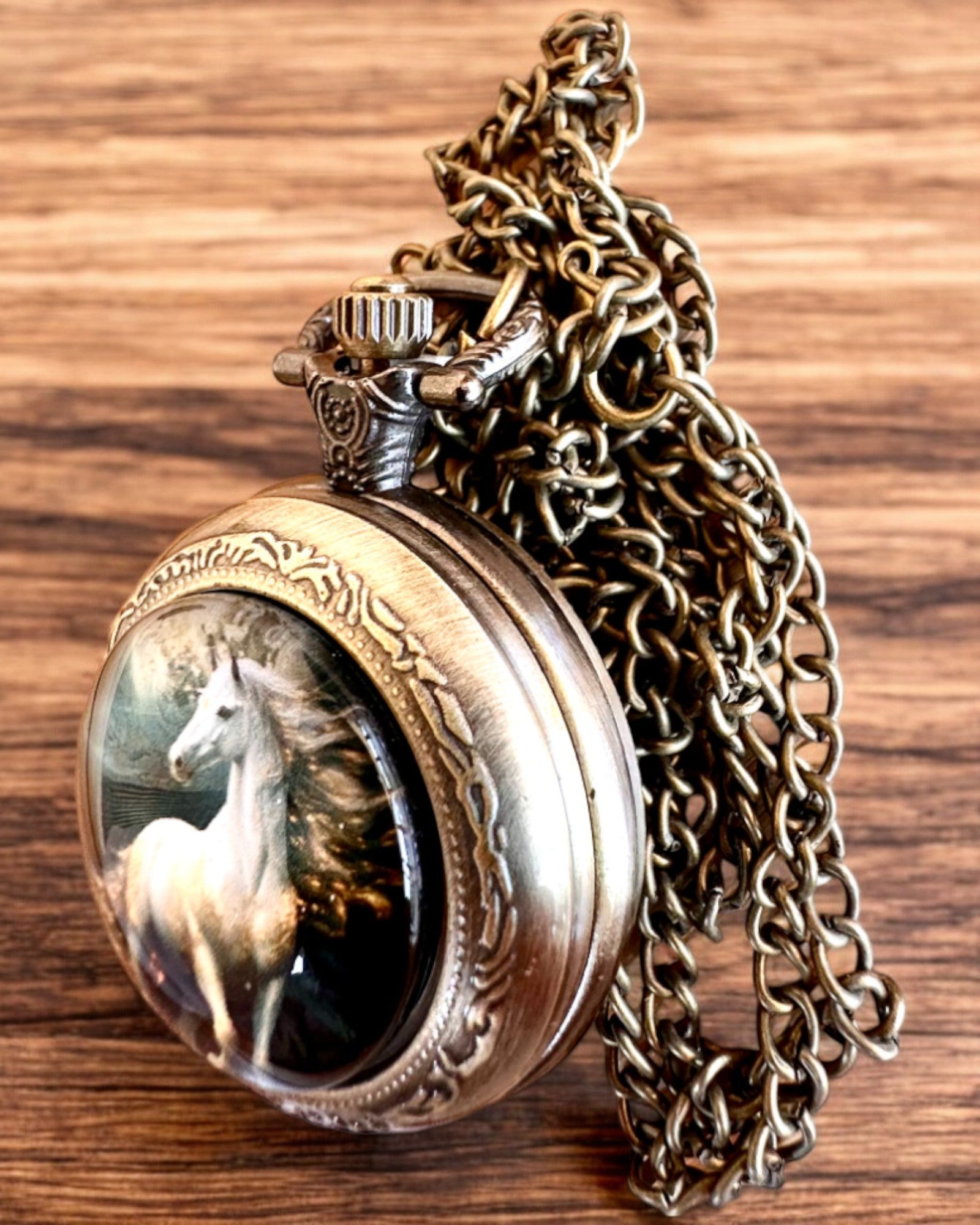 Relógio de bolso Unicorn Elegance com corrente, motivo de unicórnio, gravação personalizada gratuita