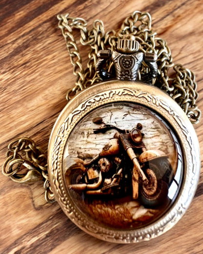 Ceas de buzunar retro „Stil motocicletă”, posibilitate de personalizare cu gravură pentru cadou