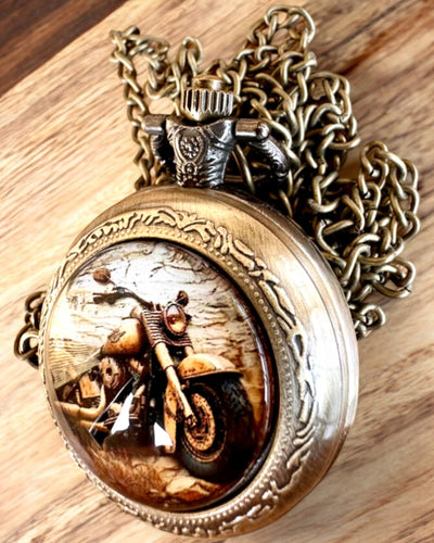 Retro Pocket Watch "Motorcycle Style", customizable with engraving for a gift