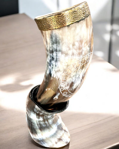 Horn Mug "Viking Valor" - Hand Engraved, Premium Quality - 4 Variants Available