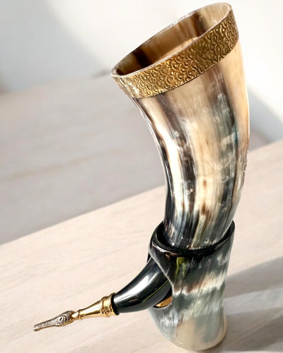 Horn Mug "Viking Valor" - Hand Engraved, Premium Quality - 4 Variants Available