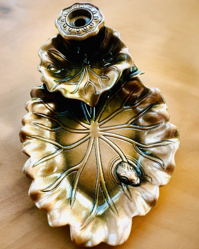 Elegantiška metalinė lotoso lapo smilkalų laikiklis - 4 variantai pasirinkimui, galimybė personalizuoti graviravimu dovanai