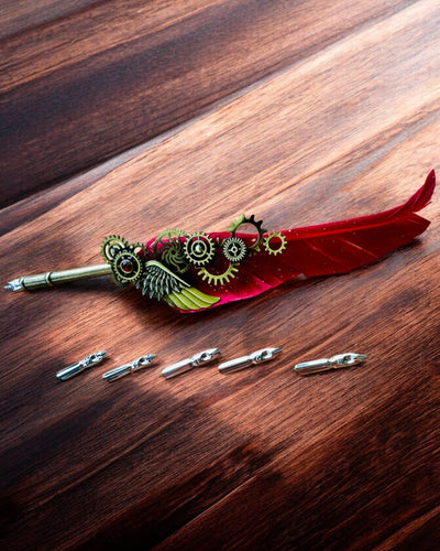 "Steampunk Elegance" Calligraphy Pen with Turkey Feather - Handcrafted, 5 Variants to Choose From, Custom Engraving for Gift
