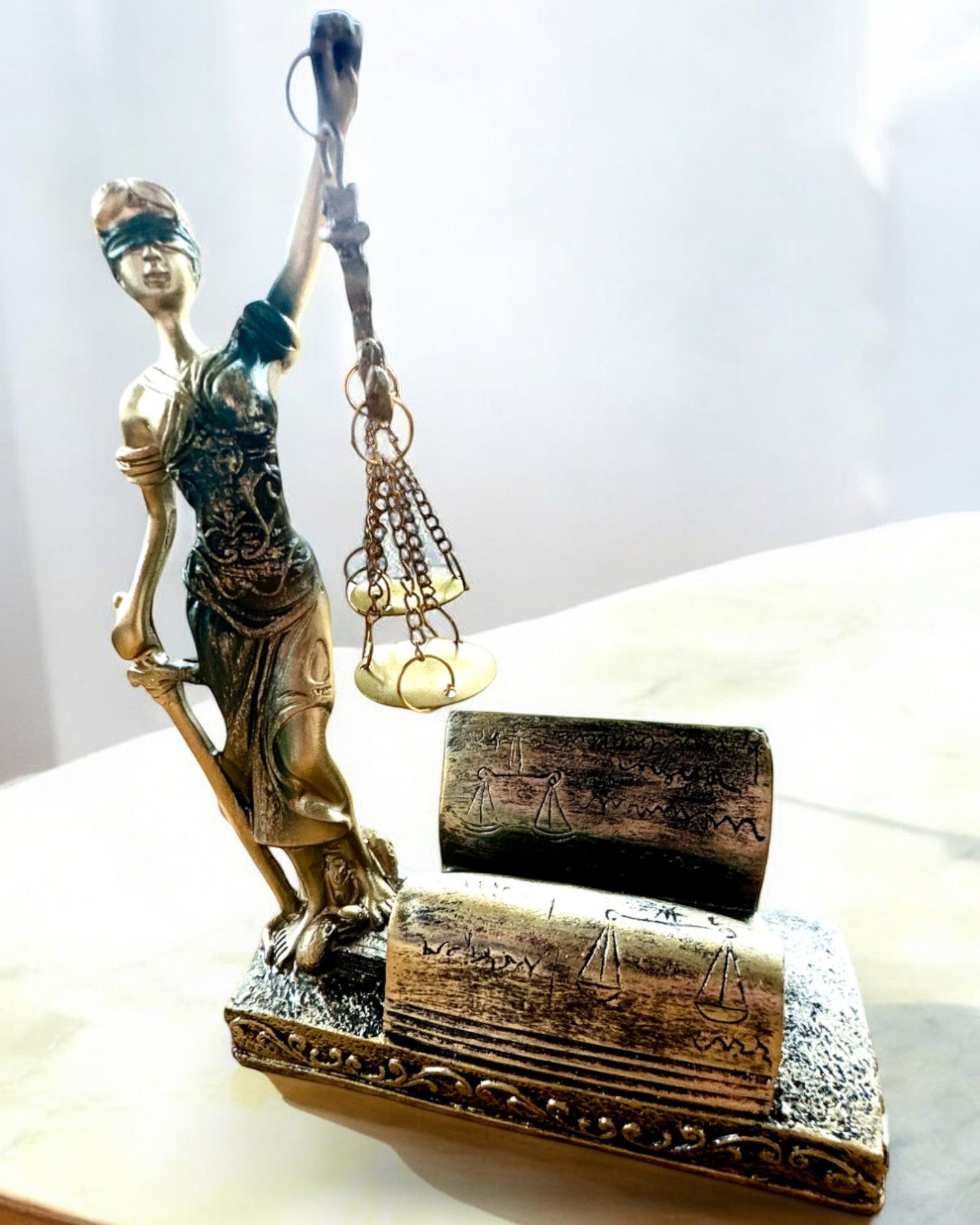 Statueta „Justicia 2” - Zeița Justiției – Decorațiune Artistică pentru Raft, Meșteșug din Rășină, personalizare cu gravură