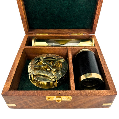 Retro Gift Set with Engraving – Brass Compass, Folding Telescope, Hourglass in a Wooden Box