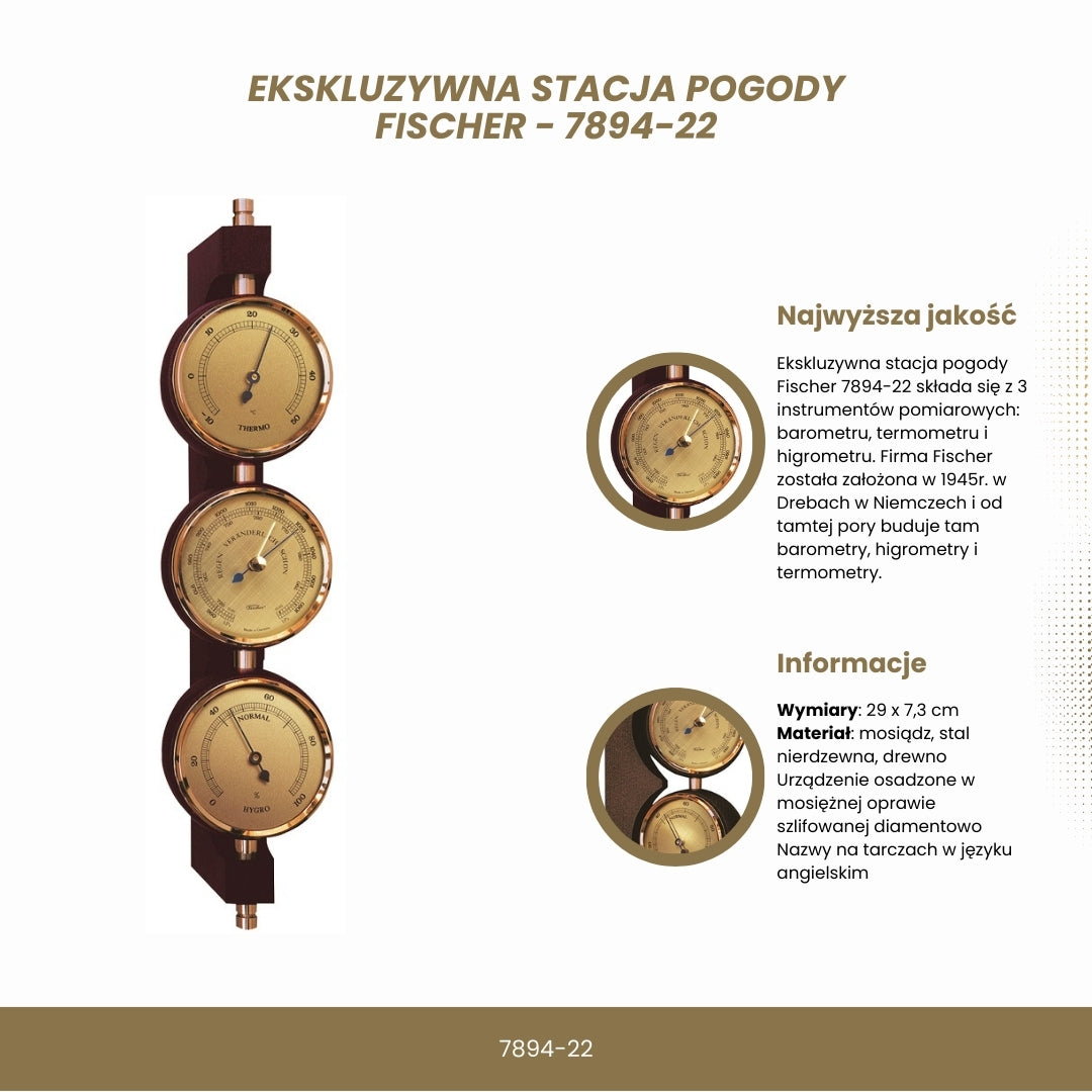 Exkluzivní meteorologická stanice Fischer - barometr, vlhkoměr, teploměr - mosaz, mahagon – 7894-22