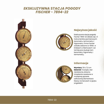 Exkluzivní meteorologická stanice Fischer - barometr, vlhkoměr, teploměr - mosaz, mahagon – 7894-22
