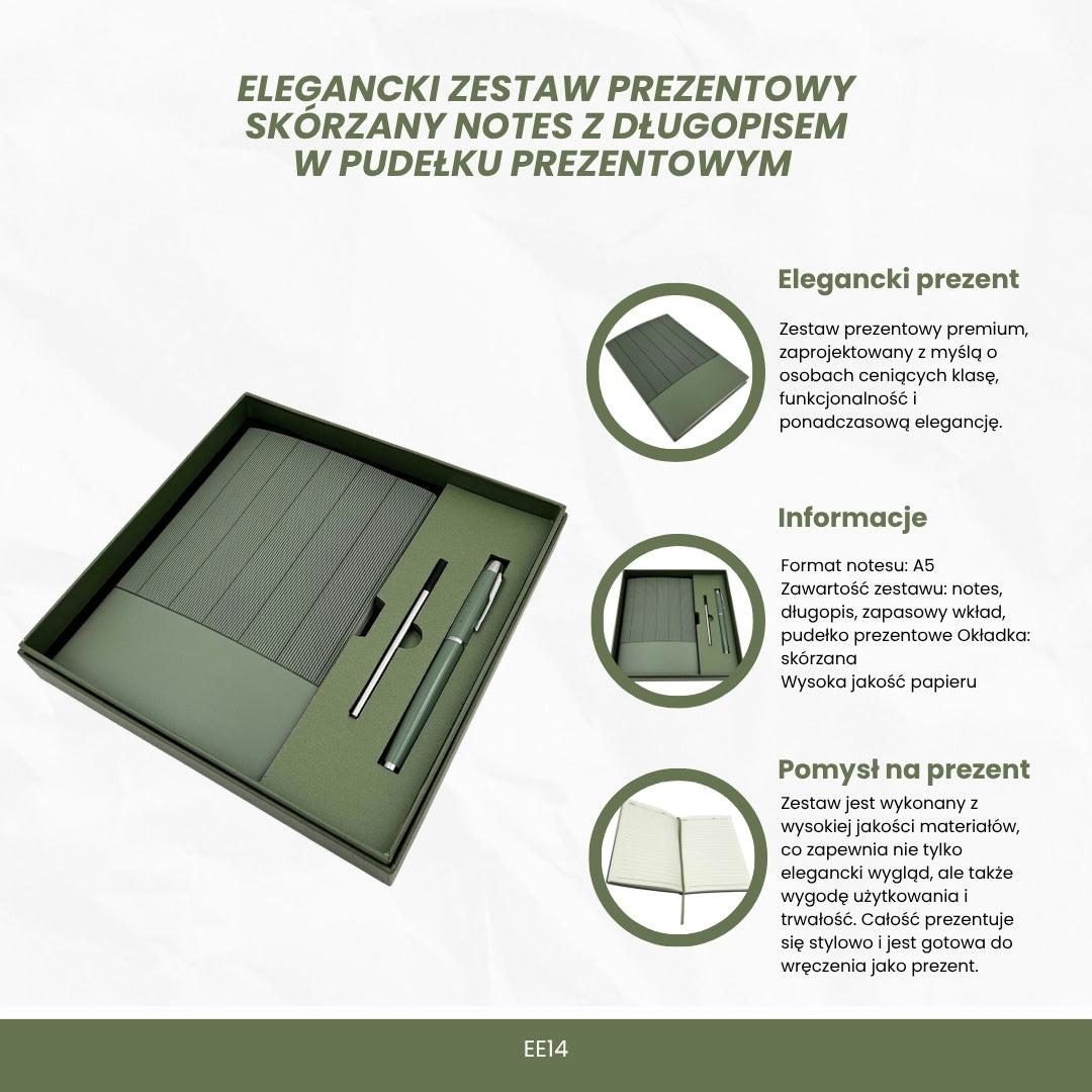 Elegantní dárková sada - kožený zápisník A5 s perem v dárkové krabičce - olivově zelená - EE14
