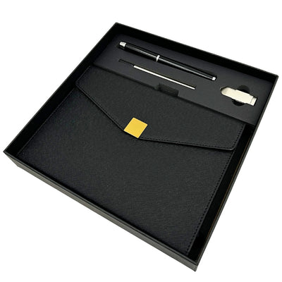 Elegant Premium Gift Set – A5 Notebook with Pen and 16GB Flash Drive in Box – Black and Gold – EE9
