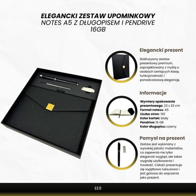Elegant Premium Gift Set – A5 Notebook with Pen and 16GB Flash Drive in Box – Black and Gold – EE9