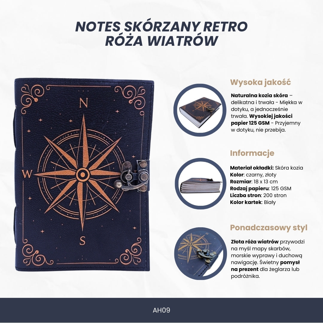 Kožený zápisník Větrná růžice Retro – dárek pro námořníka - AH09