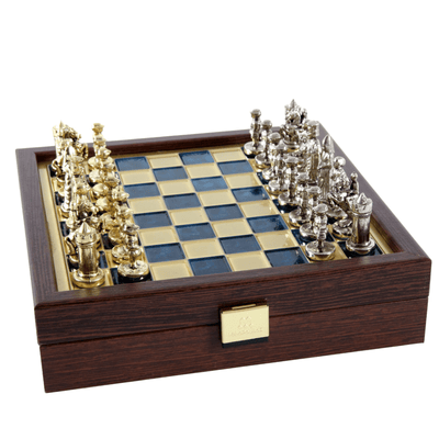 Elegantiškos aukščiausios kokybės žalvarinės šachmatų figūros „Bizantija“, 20x20 cm, su personalizuotu graviravimu - ideali dovana šachmatininkui ir istorijos mėgėjui - rankų darbo figūros, padengtos auksu ir sidabru