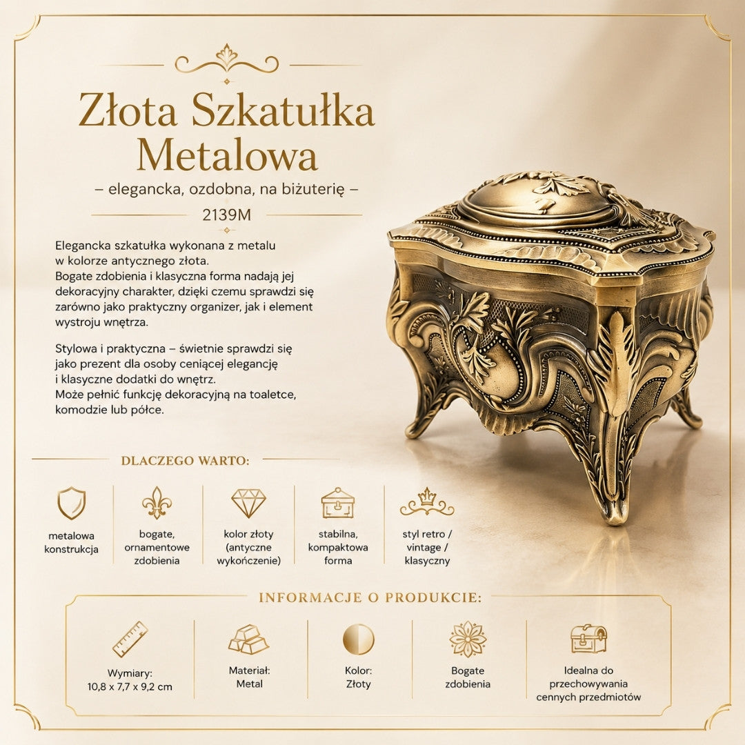 Gold Retro Metal Jewelry Box - 2139M