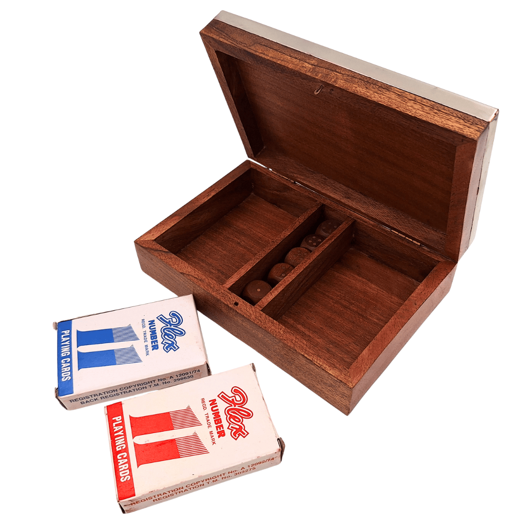 Two Decks of Cards and Dice in a Wooden Box with an Aluminum Top - DC-004