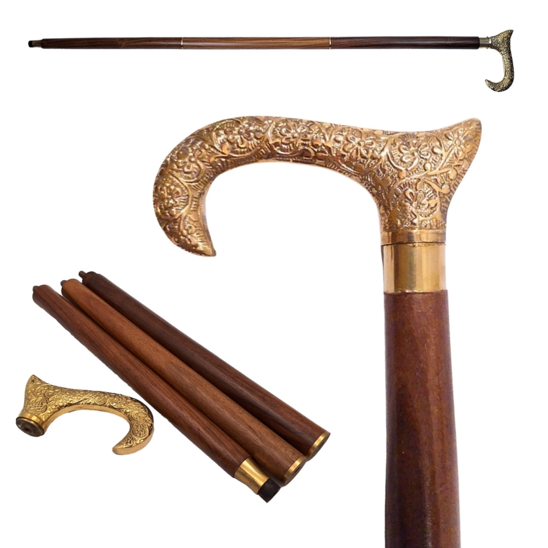 Baston din lemn pentru mers cu mâner auriu - pliabil - cadou elegant cu posibilitate de personalizare prin gravură - 91,5 cm, maro, cu mâner din alamă