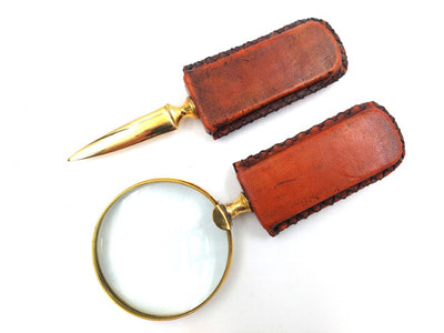Mosazná lupa a nůž na dopisy - rukojeť potažená kůží MFPCSOL