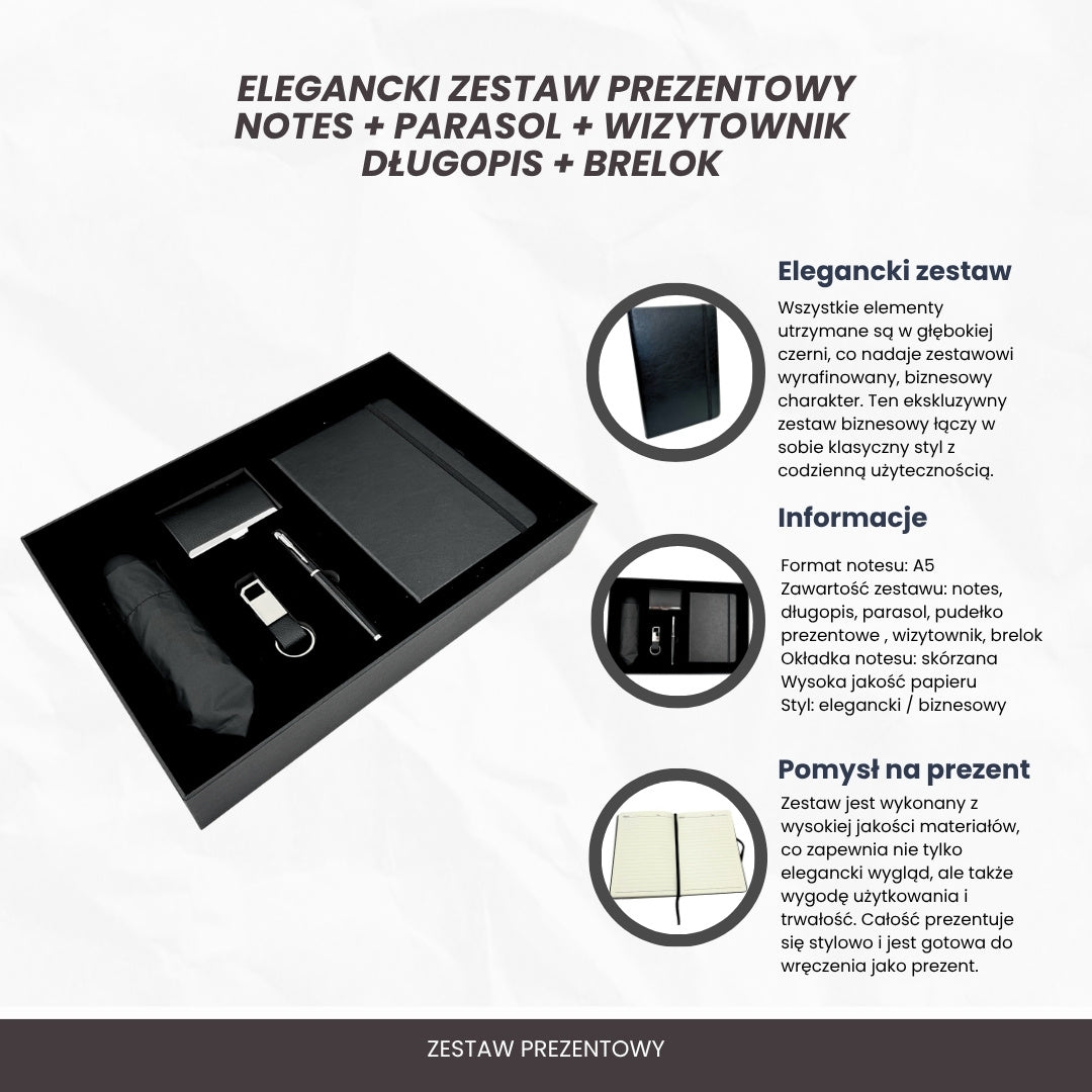 Elegantní prémiová obchodní dárková sada - kožený zápisník deštník vizitkář pero přívěsek na klíče - EE15