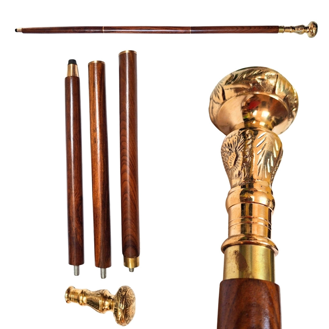 Bastón plegable elegante con mango de latón - bastón de madera marrón con opción de grabado - regalo ideal para personas mayores con estilo retro - longitud máxima 96 cm
