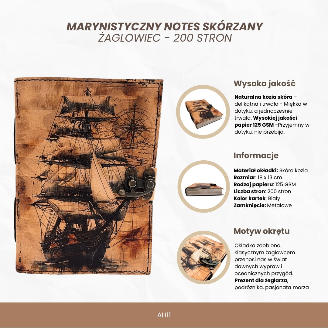 Retro Nautical Leather Notebook with Sailing Ship - Gift for a Sailor – AH11