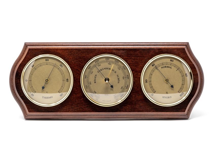 Meteorologická stanice Fischer - barometr vlhkoměr teploměr - mosaz dřevo - 9176-22