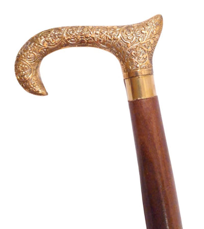 Baston din lemn pentru mers cu mâner auriu - pliabil - cadou elegant cu posibilitate de personalizare prin gravură - 91,5 cm, maro, cu mâner din alamă