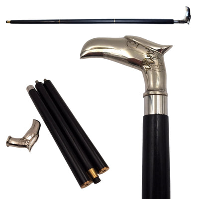 Bastón plegable de madera con cabeza de águila - regalo elegante con opción de personalización mediante grabado, longitud 91,5 cm, negro con mango plateado y latón