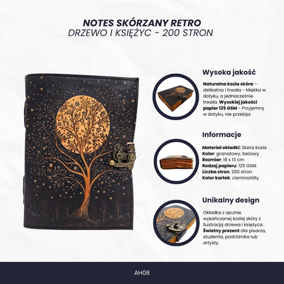 Kožený zápisník Vintage Retro Strom a Měsíc 200 stran – AH08