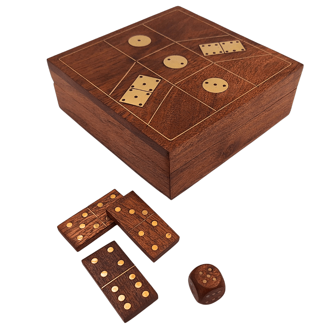 Game Set - Dominoes and Dice in a Wooden Box - DO-002