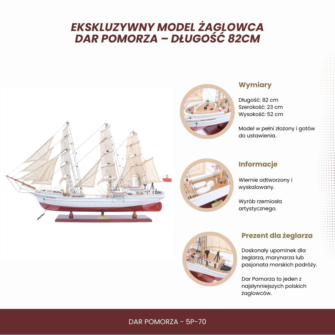 Ekskliuzyvinis burlaivio „Dar Pomorza“ modelis, 82 cm, su galimybe personalizuoti graviruojant