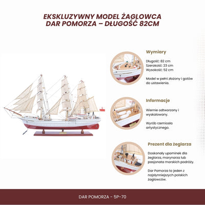 Ekskliuzyvinis burlaivio „Dar Pomorza“ modelis, 82 cm, su galimybe personalizuoti graviruojant