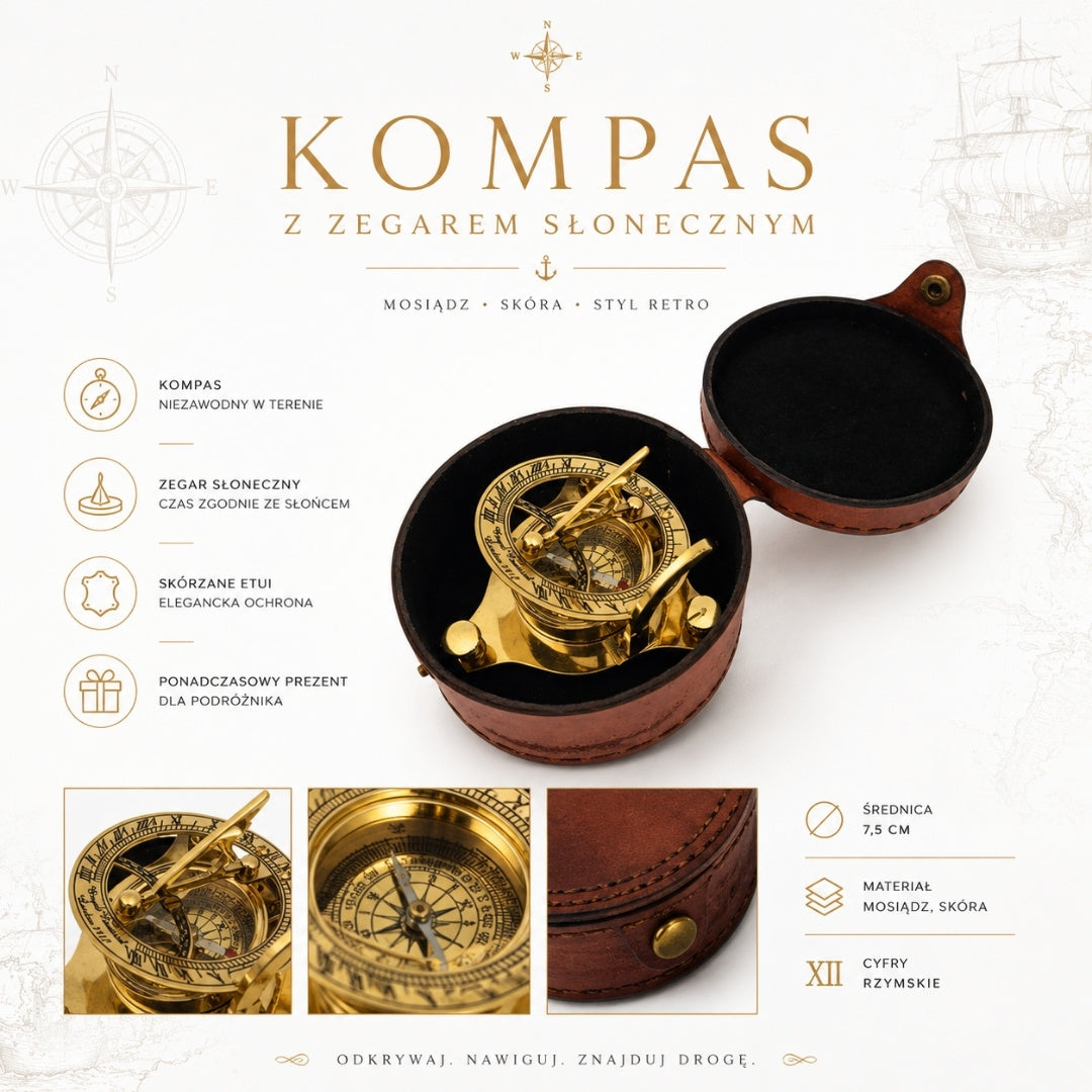 Brass Compass and Sundial in a Leather Case - SUN023F