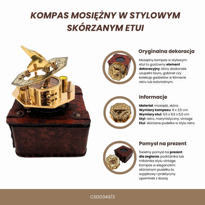 Mosazný kompas v elegantní kožené krabičce s možností gravírování – retro vintage dárek pro cestovatele, námořníka - výška 8 cm, elegantní design z mosazi