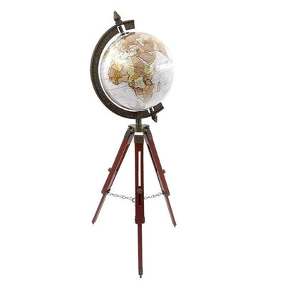 Globo colonial elegante sobre trípode de madera NC2140 con altura regulable hasta 78 cm, mapa laminado en tonos blancos y marrones, ideal para regalo con opción de personalización mediante grabado